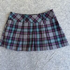Candie's Skirt Juniors 11 Gray Purple Teal Plaid Pleated Mini‎ Side Zip Y2K
